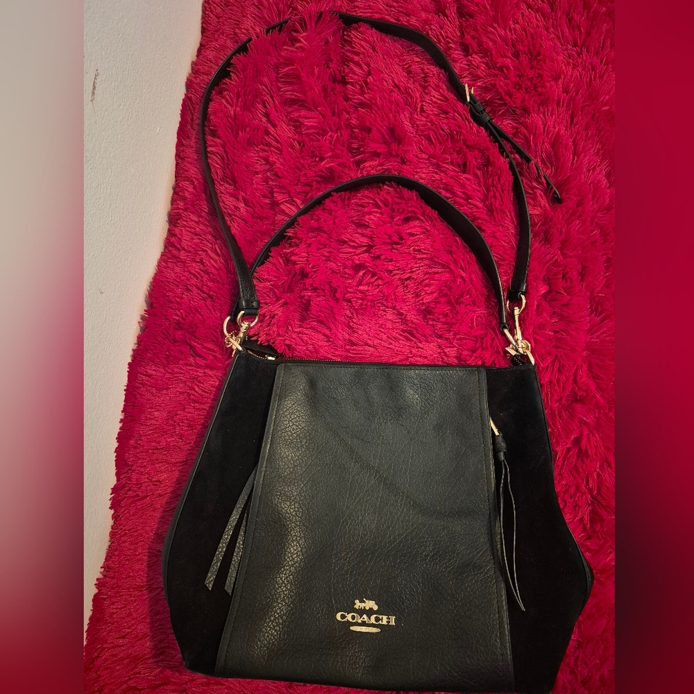 Coach Black and Gold Leather/Suede Shoulder Bag With Strap